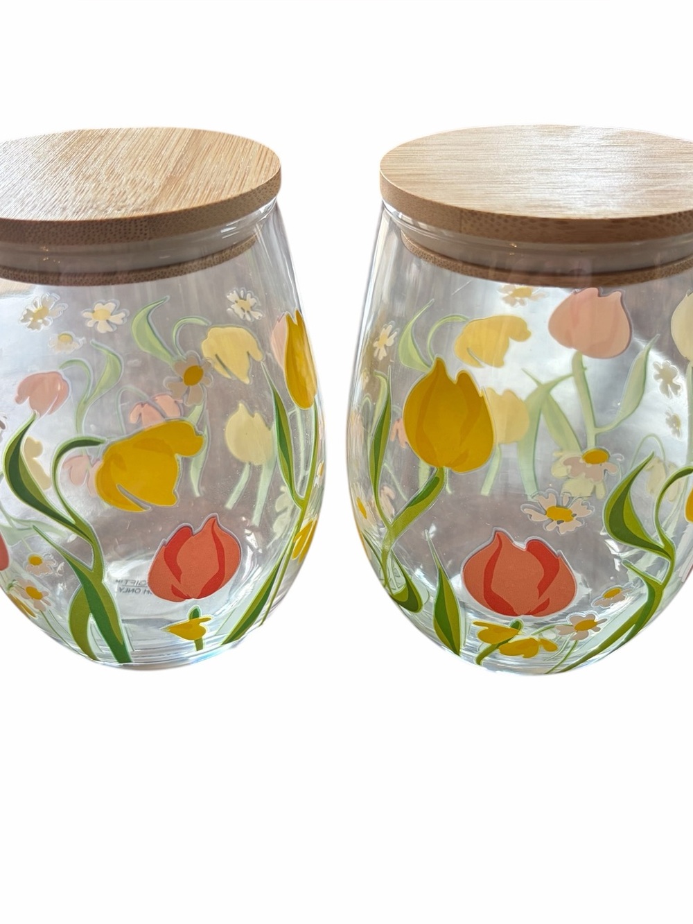 Stemless Flower Wine Glasses with Wood Lid - Set of 2